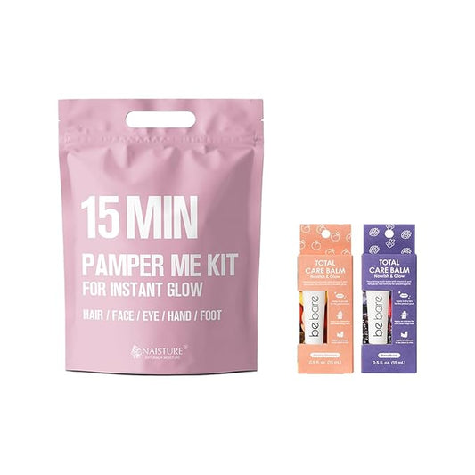 15 Min Pamper Me Kit and Total Care Balm Dual Pack: Korean Face Mask Essentials and Moisturizing Lip Balm Gift Set for Women