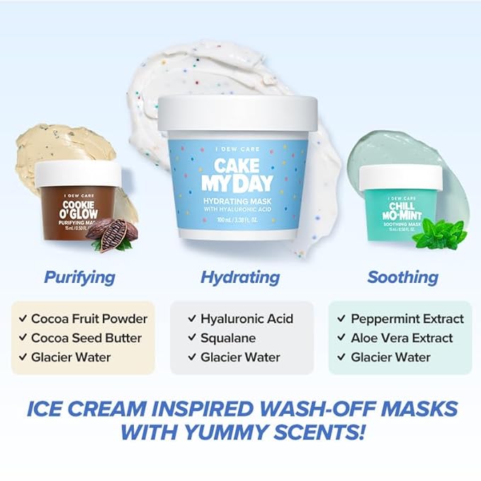 I DEW CARE Wash Off Face Mask Set - Sundae Scoop | Hyaluronic Acid Skincare Essentials, Moisturizing, Hydrating, Soothing, Exfoliating, Dry Sensitive Skin, Stocking Stuffers, Travel Size, Mini Set