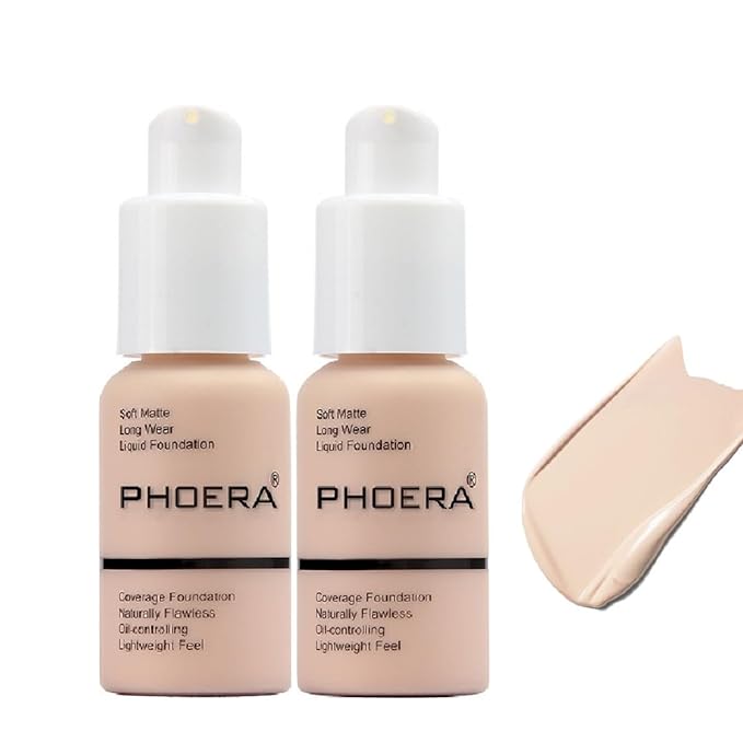 2 Pack Matte Oil Control Concealer Foundation Cream,PHOERA New 30ml Long Lasting Waterproof Matte Liquid Foundation (101 Porcelain)