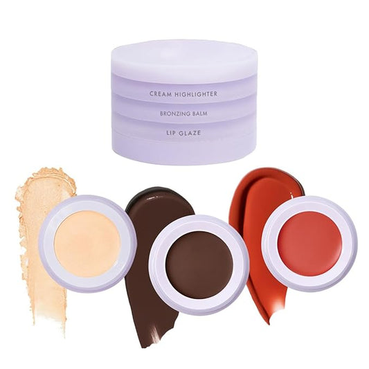 Subtl 3-in-1 Makeup Stack – Cream Bronzer, Powder Highlighter & Lip Glaze for On-the-Go Touch Ups – Lightweight, Travel-Friendly, Blendable Balm (Deep/Ganache)