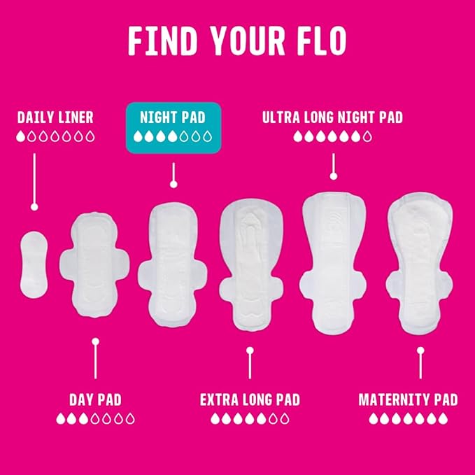 Flo Bamboo Night Period Pads with Wings - Super Absorbent, Soft, Thin (14 Pads)