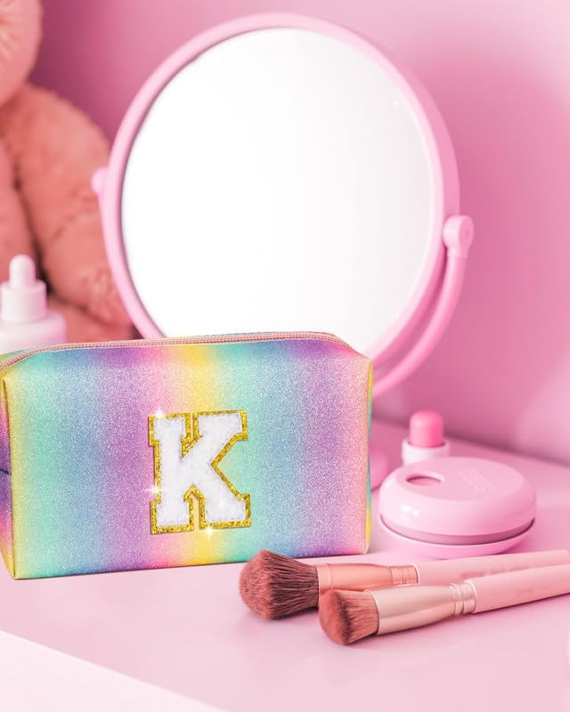 Gifts for Girls, Personalized Makeup Skincare Bag with Zipper, Rainbow Color Chenille Letter Pouch, Girly Toiletry Bag, Cute Trendy Stuff for Granddaughter Daughter Niece (Medium)