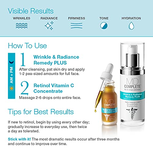 MD Complete Wrinkle Retinol Duo| Professional Dermatologist Skincare Includes Wrinkle & Radiance Remedy PLUS 1.0 fl oz and Retinol Vitamin C Concentrate with Retinol and Vitamin C 0.5 fl oz Set of Two
