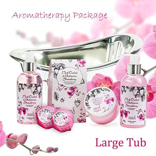 Aromatherapy Essentials Spa Set for Women in Large Silver Tub. Bath Set Includes 2 Bath Bombs, Body Lotion, etc (Pink Orchid and Balsamic Strawberry)