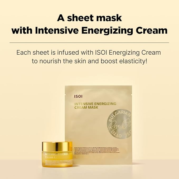 ISOI Intensive Energizing Cream Premium Sheet Mask for Skin Elasticity & Firmness, Infused with High-Moisturizing & Nourishing Firming Cream, Korean Face Mask (4EA)