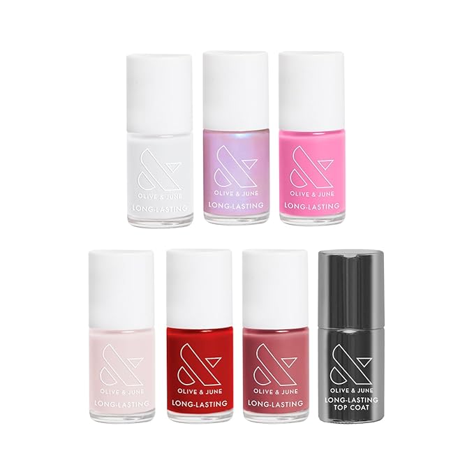 Olive & June Long Lasting Nail Polish Set | Includes 6 Chip-Resistant Shades (Pink Goldfish, HD, Grateful & Kind, CCT, LD, CV) + Top Coat | Vegan, Cruelty-Free | Salon-Quality at Home