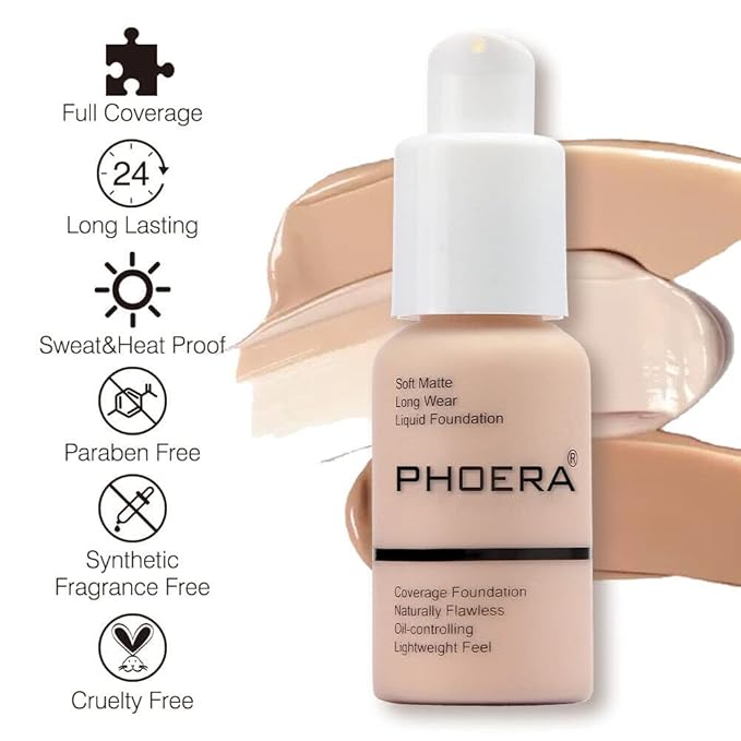 Phoera® Full Coverage Foundation Soft Matte Oil Control Concealer 30ml Flawless Cream Smooth Long Lasting (101 PORCELAIN)