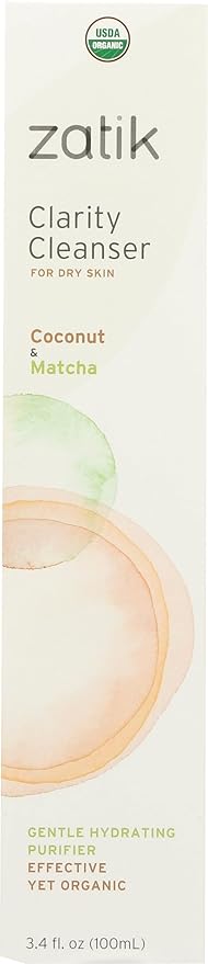 Zatik Naturals - Clarity Cleanser - with Coconut Milk and Matcha- USDA Organic, for Dry Skin, Vegan Non-GMO, Free of Gluten, Soy and Alcohol, pH Balanced, Biodegradable, 3.4 fl oz (100 mL)