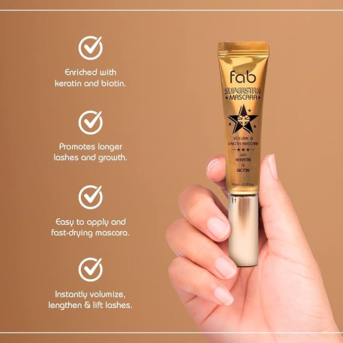 Fab Superstar Mascara: Waterproof Volumizing High Lash Lift Beauty Mascara: Black Liquid Mascarra for Bold Volume and Length - Infused with Keratin and Biotin for Longer, Better Defining Lashes - 10ml