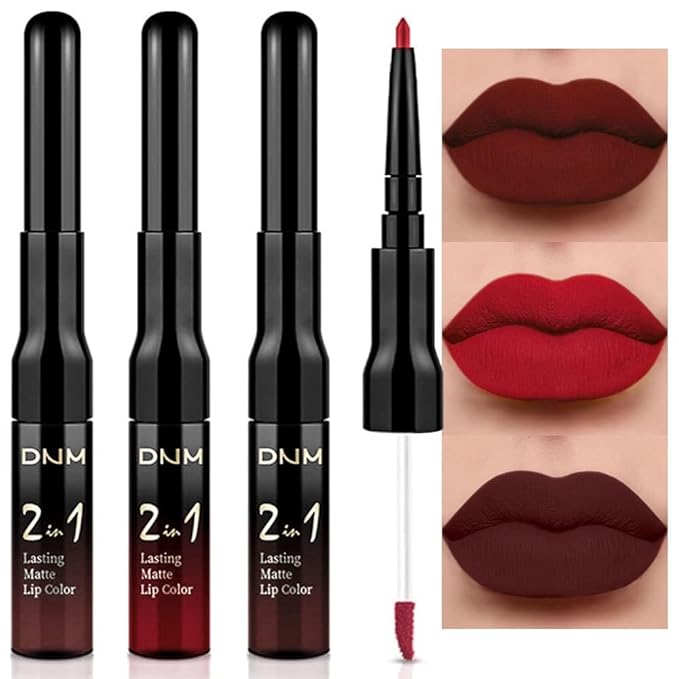 3Pcs 2 in 1 Dark Brown Ruby Deep Red Lip Liner and Liquid Lipstick Stain Makeup Set for women, Long Lasting Smudge Proof Lip Tint Matte Finish Lip Gloss for All-Day Color Hold Easy to Use, Set02