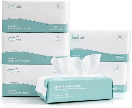 Saraflora 100% Cotton Facial Tissue Soft Dry Wipe 6 Pack, Use for Sensitive Skin Disposable Face Towel Extra Thick Dry and Wet Use Disposable Cotton Tissues for Washing Face Makeup Wipes（600 Count ）