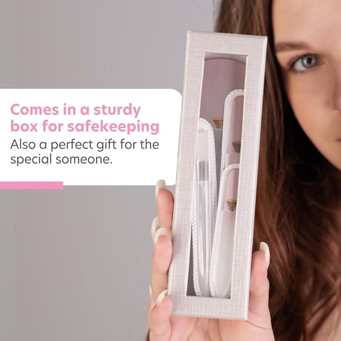 Bona Fide Beauty Handmade Czech Glass Manicure Pedicure Gift Set for Women, 4PC Gift Set in Rose Gold with Glass Foot File, Cuticle Pusher, Mini File and Regular Nail Filer