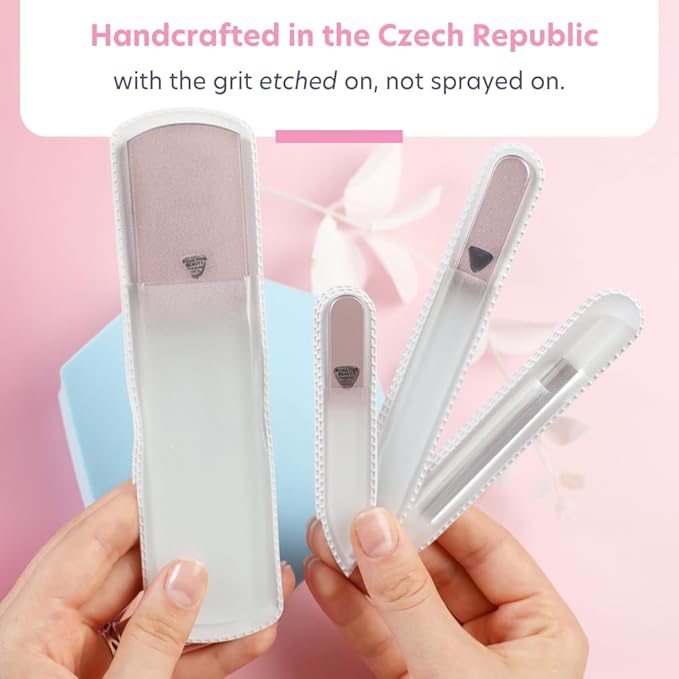 Bona Fide Beauty Handmade Czech Glass Manicure Pedicure Gift Set for Women, 4PC Gift Set in Rose Gold with Glass Foot File, Cuticle Pusher, Mini File and Regular Nail Filer