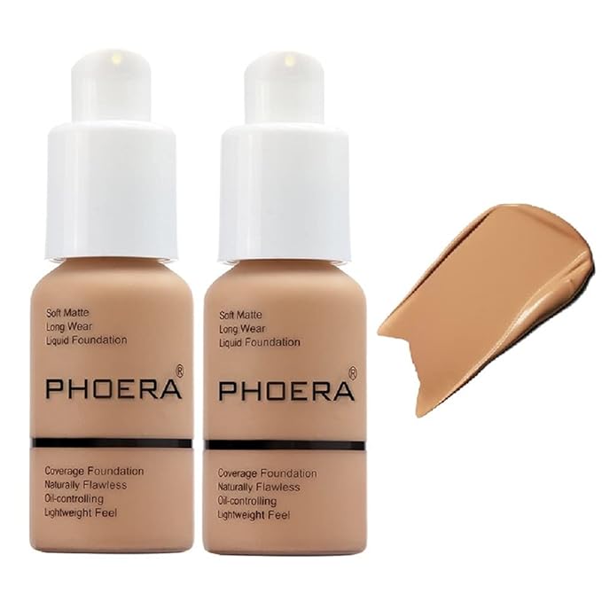 PHOERA 2 Pack Flawless Soft Matte Liquid Foundation, 24 HR Oil Control Concealer Makeup, Full Coverage Foundation for Women and Girls (105 Sand)