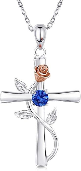Cross Necklace for Women, 925 Sterling Silver Birthstone Necklace for Women with Rose Flower Birthstone Womens Jewelry Birthday Gifts for Wife Women