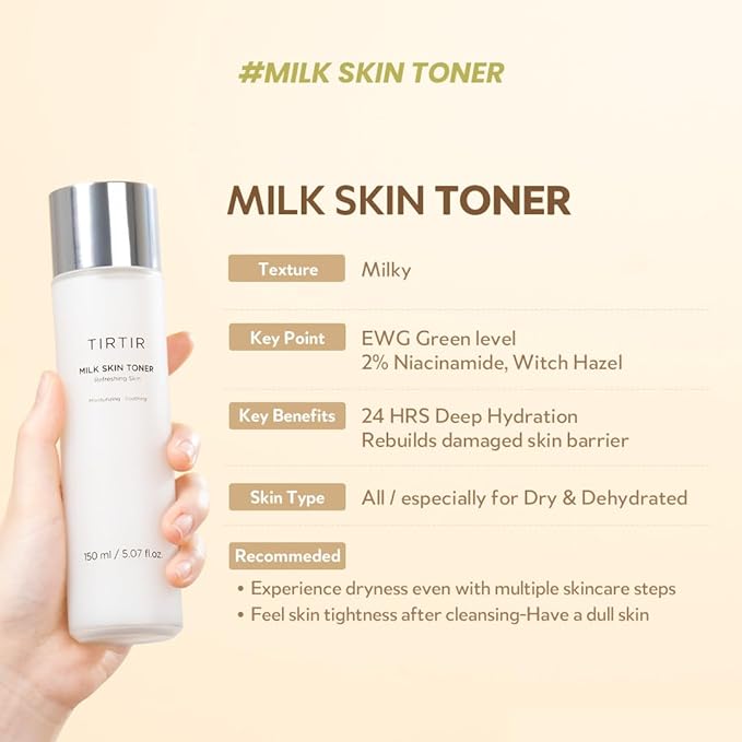 TIRTIR Milk Skin Rice Toner Light | Instant Hydration with 4% Niacinamide, Pantenol, Lightweight, Pore-Tightening, Vegan, Acne-Prone, Oily Skin, Fungal Acne Safe, Korean Skin Care, 5.07 Fl Oz