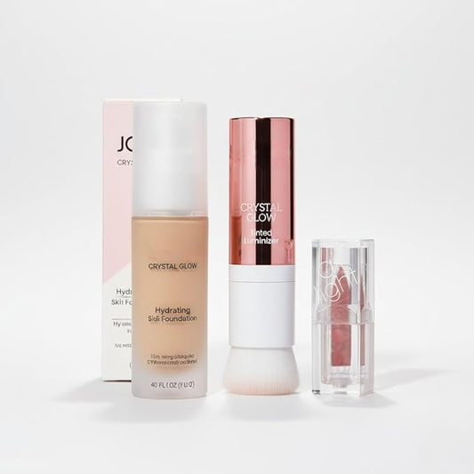Crystal Glow Makeup Bundle – Foundation (Light Beige) & Contour Luminizer Stick (Natural Beige) with Brush – bonus Assorted Satin Lipstick - Buildable Coverage, Sculpt & Radiant Glow –