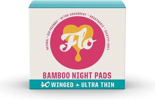 Flo Bamboo Night Period Pads with Wings (40 Pads) - Super Absorbent, Soft, Thin
