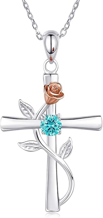 Cross Necklace for Women, 925 Sterling Silver Birthstone Necklace for Women with Rose Flower Birthstone Womens Jewelry Birthday Gifts for Wife Women
