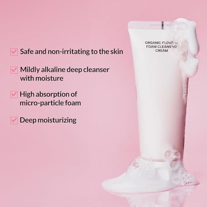 Whamisa Organic Flowers Foam Cleansing Cream, Foaming Face Wash, Postbiotic-Rich Formula for Gentle Wash, Rich Bubble Pore Care, Fermented Complex, 3 Day Aging, Hydrating (150ml)