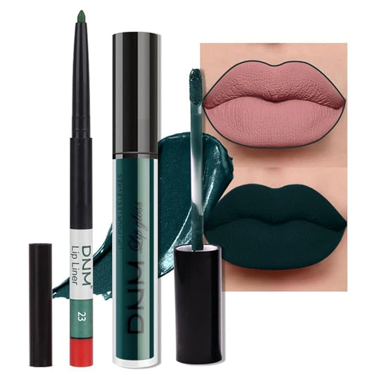 AMY'S DIARY 2Pcs Dark Green Matte Lip Liner and Lipstick Makeup Set, Green Lip Stain Lip Gloss Matt Liquid Lipstick 24H Long Lasting lapiz labiales mate 24 horas originales larga duracion