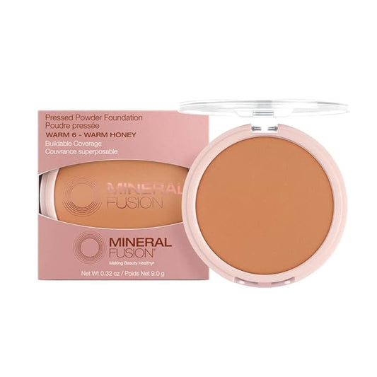 Mineral Fusion Pressed Powder Foundation, Warm 6 - Dark Tan Skin w/Golden Undertones, Age Defying Foundation Makeup with Matte Finish, Talc Free Face Powder, Hypoallergenic, Cruelty-Free, 0.32 Oz