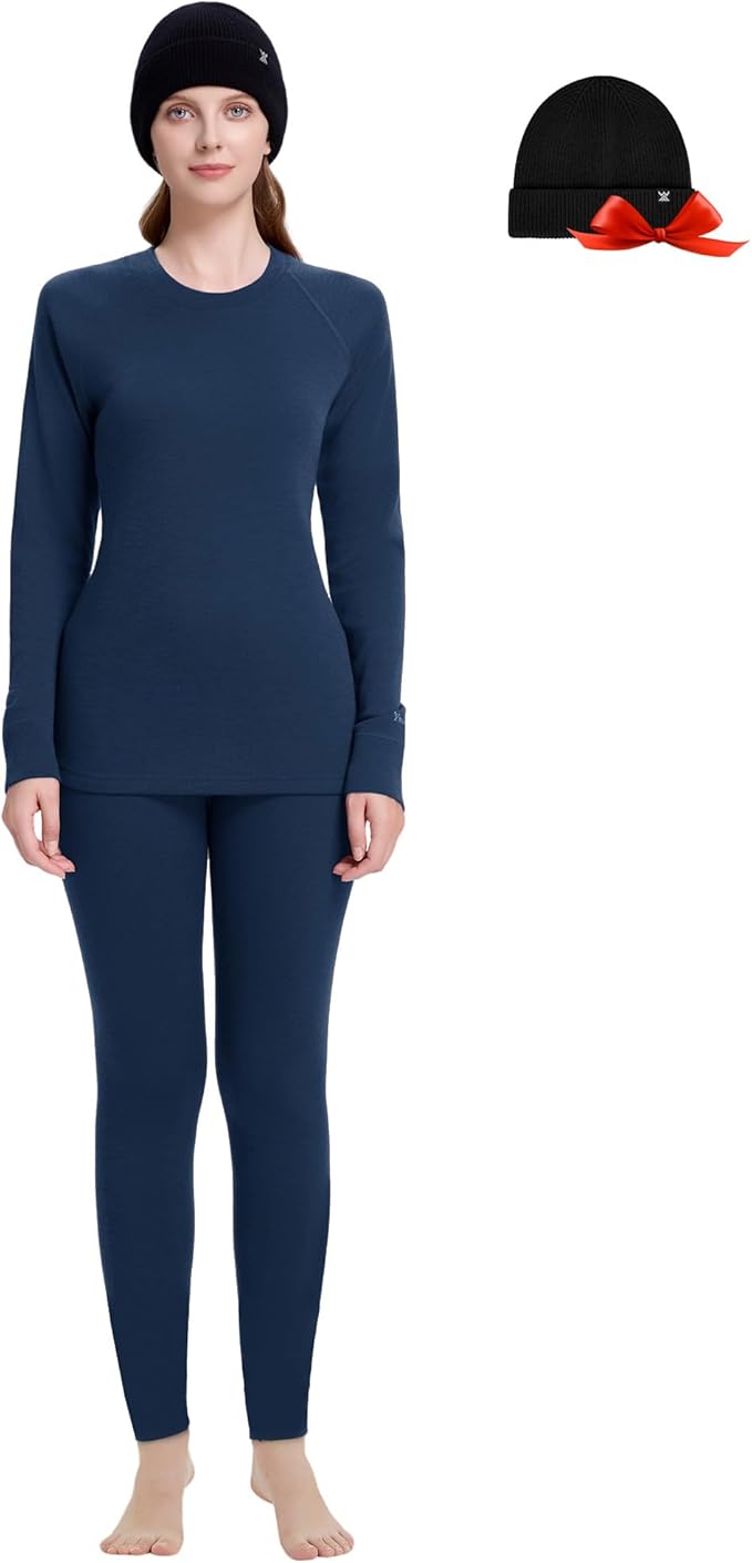 Women's 100% Merino Wool Base Layer Sets - Light and Midweight Thermal Underwear Gifts Pack with Wool Beanie