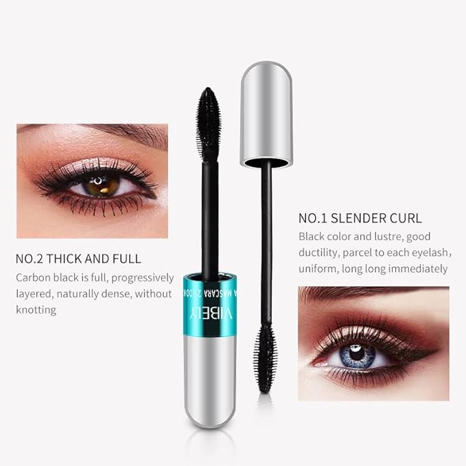 4 Pack VIBELY Mascara 5x Longer Washable, 2 in 1 4D Silk Fiber Lash Mascara, Natural Lengthening and Thickening, No Clumping, Long-lasting