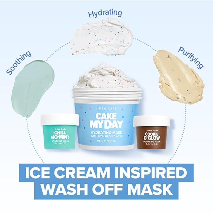 I DEW CARE Wash Off Face Mask Set - Sundae Scoop | Hyaluronic Acid Skincare Essentials, Moisturizing, Hydrating, Soothing, Exfoliating, Dry Sensitive Skin, Stocking Stuffers, Travel Size, Mini Set