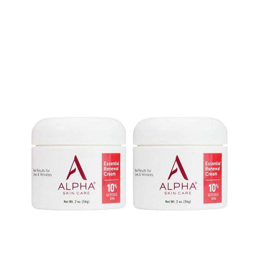 Alpha Skin Care Essential Renewal Cream, 10% Glycolic AHA, Anti-Aging Formula, Reduces Lines & Wrinkles, Alpha Hydroxy Acid Exfoliates for Smoother Skin, Normal, Sensitive or Dry Skin, 2 Oz, Pack of 2