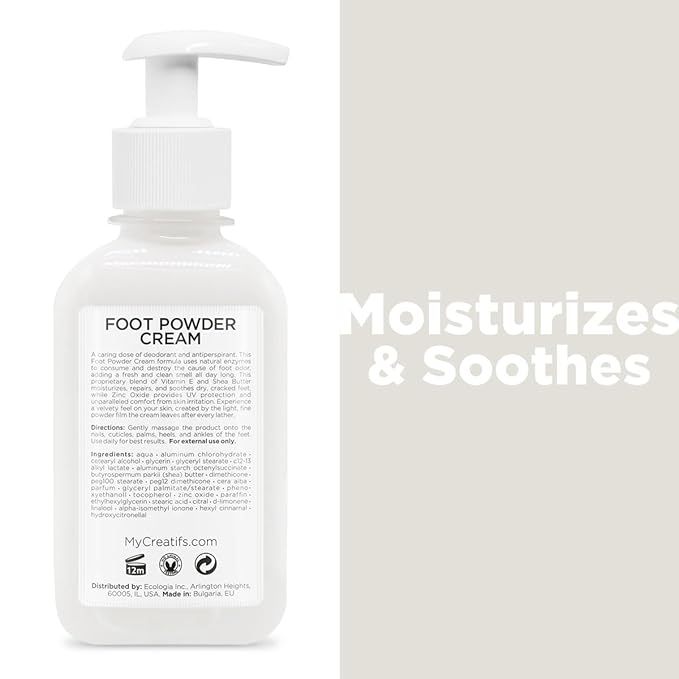 Foot Powder Cream for Dry Cracked Heels, Odor Control, and Intense Skin Hydration, 8.5 fl. oz., with Shea Butter and Vitamin E