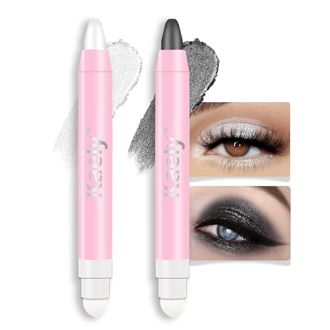 evpct 2Pcs Cream Eye Shadow Brightener Sticks Set for Eyes Waterproof, Pearl White & Pearl Black Shimmer Cream Eyeshadow Applicator Stick Pigmented Eye Makeup sombras en crema para ojos 01+03