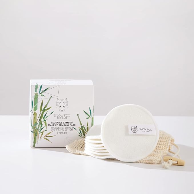 Snow Fox Skin Care Reusable Bamboo Makeup Removal Pads – 8 Organic Cotton Rounds with Mesh Bag – Washable Facial Pads with Soft Double-Layer Terry Texture