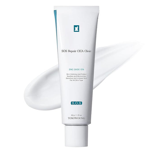 TOSOWOONG SOS Repair CICA Clinic Zinc Cream, 100,000ppm Zinc Oxide, Heal, Soothe Acne, Redness, Rosacea Treatment, Skin Barrier Repair, Moisture, Non-Comedogenic, Korean Skincare, 50g, 1.76 oz.