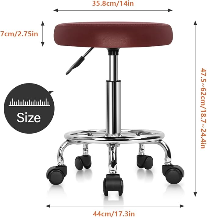 KKTONER PU Leather Round Rolling Stool with Foot Rest Swivel Height Adjustment Spa Drafting Salon Tattoo Work Office Massage Stools Task Chair Cushion 14 inches (Red)