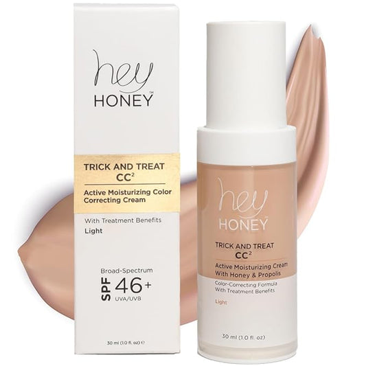 Hey Honey Trick and Treat CC² Cream SPF 46 | Active Moisturizing Color Correcting Cream with Honey & Propolis | Best Cover For Rosacea, Skin Redness & Mature Skin | Cruelty-Free | 1 oz (Light Tone)