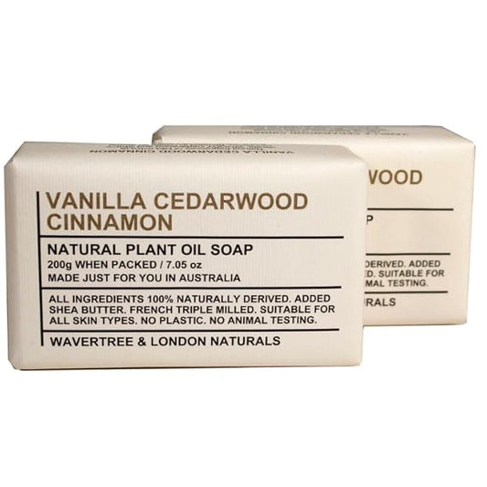 Wavertree & London Vanilla Cedarwood Scented Natural Soap Bars (2 Bars), 7oz Moisturizing French Triple Milled Soap enriched with shea butter - Plant Oil Bath & Body Soap Bars [100% Naturally derived]