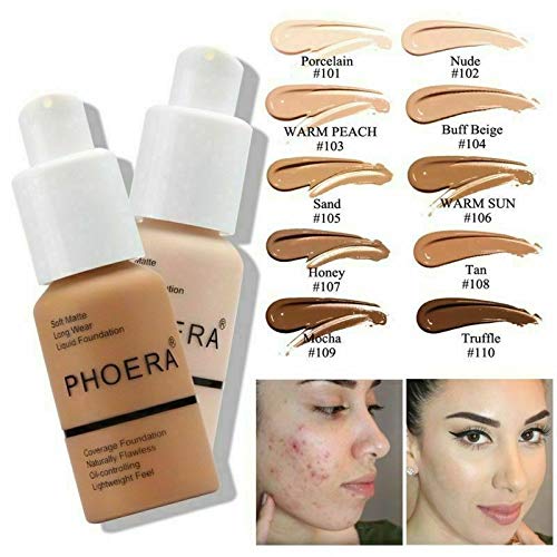 Phoera® Full Coverage Foundation Soft Matte Oil Control Concealer 30ml Flawless Cream Smooth Long Lasting aq (106 WARM SUN)