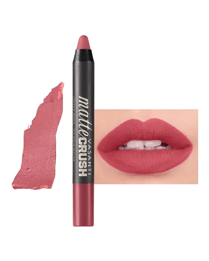 VASANTI Matte Crush Lipstick Pencil – Blushing Natural Pink – Soft, Velvety Matte Finish, Waterproof, Smooth Application – Natural, Vegan, Paraben-Free Lip Color
