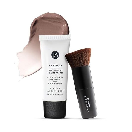 Jerome Alexander My Color Self-Adjusting Foundation, Hydrating & Lightweight Face Makeup, Skincare-Infused, with Kabuki Brush, Dark, 1 oz