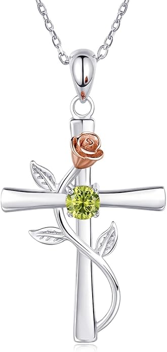 Cross Necklace for Women, 925 Sterling Silver Birthstone Necklace for Women with Rose Flower Birthstone Womens Jewelry Birthday Gifts for Wife Women