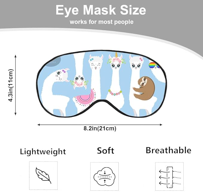 White Llamas Sleep Mask Eye Mask Alpaca Sloth Rainbow Glasses Llamas Cute Flowers Blue Sleep Mask Light Blocking Adjustable Smooth Soft Eye Masks for Women Deep Rest Travel