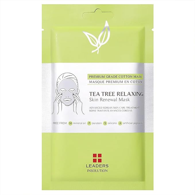 Leaders Insolution Tea Tree Relaxing Skin Renewal Mask | Soothing Facial Sheet for Acne, Oil Control, and Sensitive Skin | Hydrating Botanicals | Calms Redness, Smooth (10 Sheets)
