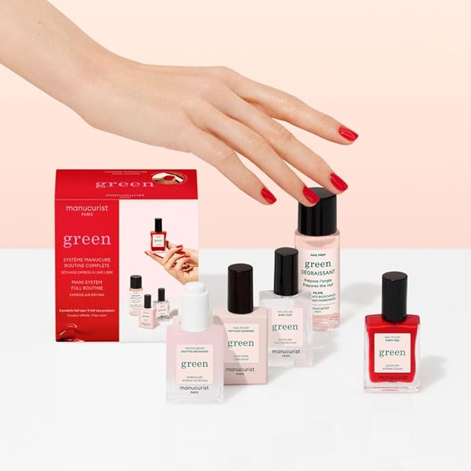 Manucurist System Green™ (Poppy Red) - Professional Manicure Set : 1 Nail Prep, 1 Base Coat, 1 Poppy Red Nail Polish, 1 Top Coat, Drying Drops - No Lamp - Christmas Gifts for Women - Gift Box