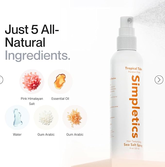 Simpletics Himalayan Sea Salt Hair Spray (Pine Scent) – Natural 5-Ingredient Formula for Beach Waves & Volume – Light Hold, Non-Greasy, Paraben & Sulfate Free – Unisex 8 fl oz