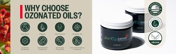 PurO3 Ozonated Castor Oil – Pure, Natural, Organic Skincare for Face & Body – Oxygenated Healing Lotion, Moisturizer & Beauty Cream in a Glass Jar – O3 Therapy Salve, 2 oz