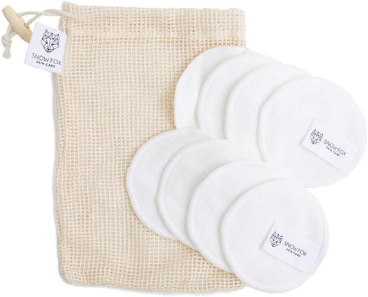 Snow Fox Skin Care Reusable Bamboo Makeup Removal Pads – 8 Organic Cotton Rounds with Mesh Bag – Washable Facial Pads with Soft Double-Layer Terry Texture