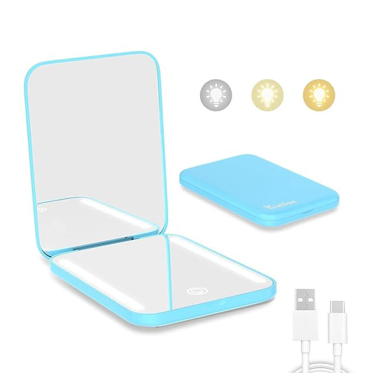 Kintion Rechargeable Pocket Mirror, Double Sided 1X/3X Magnification Compact Vanity Mirror, 3 Color Lights, Dimmable, Small Portable Wallet Mirror, Lighted Travel Mirror for Women Gifts, Blue