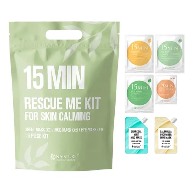 15 Min Rescue Me Kit by Naisture – Korean Spa and Skincare Kit for Women with Cica, Turmeric, and Tea Tree Sheet Masks, Eye Mask, Calendula Cucumber Mask, and Charcoal Mint Mud Mask for Redness Repair