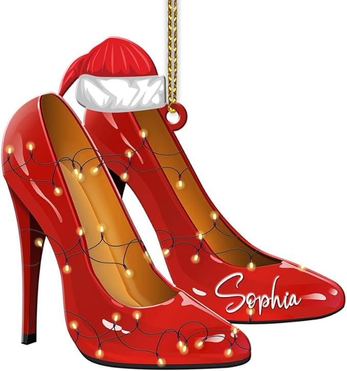 Personalized Name Red Shoes Christmas Shape Flat Ornament, Red High Heel Shoe Xmas Ornament, Shoe Lover Hanging Tree Keepsake, 97